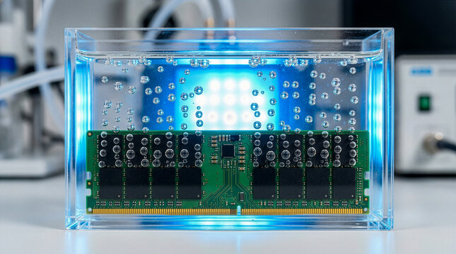 Scientific Macro of RAM Memory Module with Boiling Bubbles in Immersion Liquid - computer chip focus