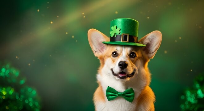 Lucky little leprechaun Corgi. Adorable dog in green top hat and bow tie for St. Patrick's Day celebration with blurred green background