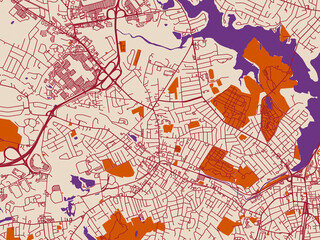 Fototapeta premium Street network map of Peabody, Massachusetts, muted violet water and terracotta
