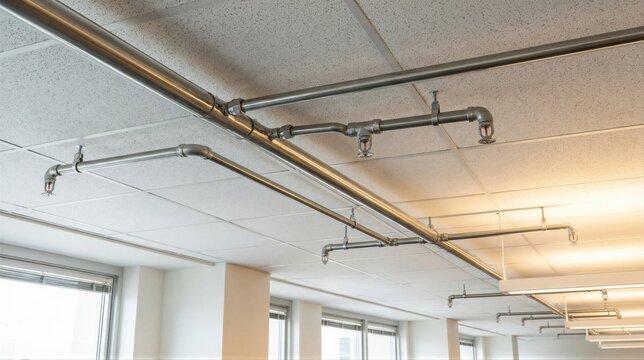 Fire sprinkler system with pipes in office building. Urban utilities installation for safety and fire protection. Public safety infrastructure.