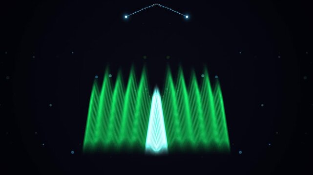 green glowing pyramid surrounded by glowing lines forming v shape pattern in dark night sky with scattered dots