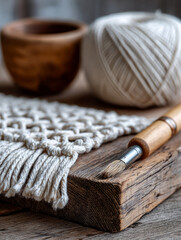 Handcrafted macrame with yarn and brush on rustic wooden table