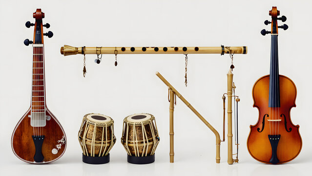 Assortment of traditional Indian and Western musical instruments displayed together.