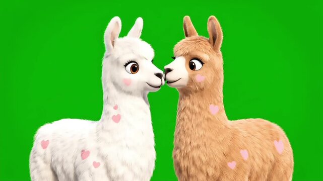Two cartoon llamas, one white and one brown, touching noses with hearts on their fur against a green screen background.