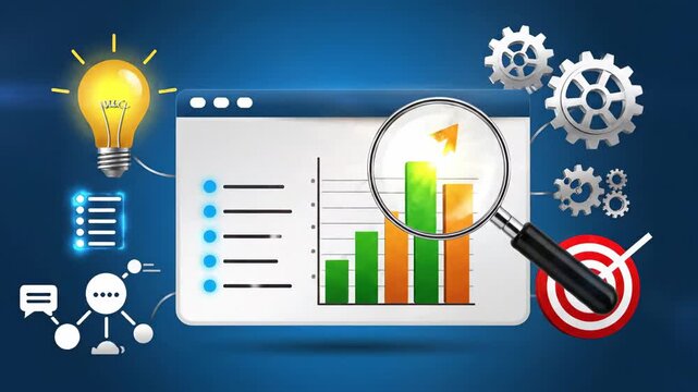 Business chart analysis with light bulb idea generation and target symbol