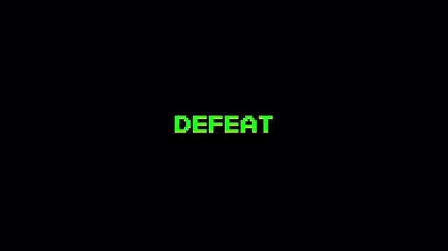 Glitching DEFEAT Text Animation, Retro 8 Bit Pixel Video Game Screen Fail Message