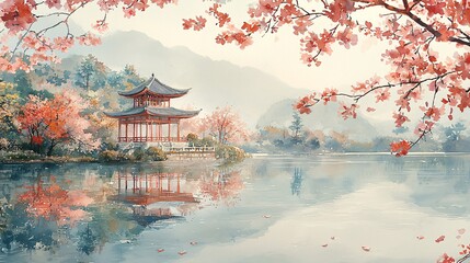 Obraz premium Pavilions and towers with cherry blossoms blooming by the lake