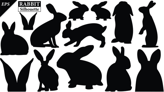 Set of rabbits silhouette isolated on white background, Beautiful rabbit logo icon vector design, standing, rabbits silhouette vector illustration, animal Black rabbits Silhouette logo, logo designs