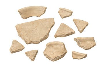 Ancient pottery shards scattered, fragments of ceramic clay from archaeological finding, historical artifact ruins, isolated on transparent background