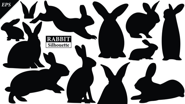 Set of rabbits silhouette isolated on white background, Beautiful rabbit logo icon vector design, standing, rabbits silhouette vector illustration, animal Black rabbits Silhouette logo, logo designs