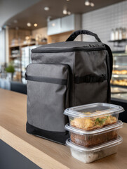 Insulated food delivery bag and takeaway meals on cafe counter