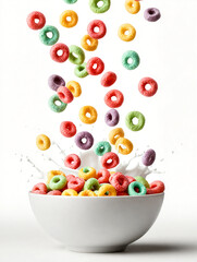 Bowl of colorful cereal is falling out of a white bowl