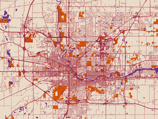 Fototapeta premium Urban map poster of South Bend, Indiana – warm boho color palette