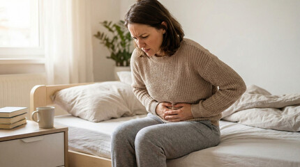 Obraz premium Woman holding stomach in pain on bed.