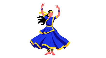 Illustration of a woman in traditional Indian attire dancing with arms raised against a white background