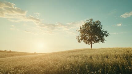 Obraz premium Golden Meadow Serenity: Lone Tree Silhouetted Against a Sunlit Sky