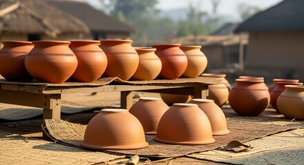 Rows of Traditional Handcrafted Clay Pots Drying in a Village Workshop