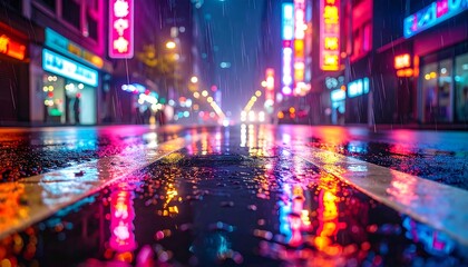 Cyberpunk City Street with Neon Reflections and Heavy Rain