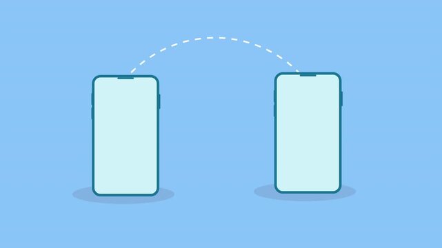Flat minimal illustration of two smartphones connected by dotted arc, representing wireless data transfer, device synchronization, and peer communication.
