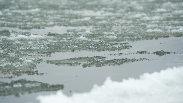 Ice in frozen river tumbles down in current