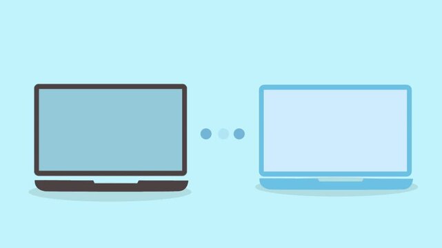 Flat minimal illustration of two laptops connected by dotted signals, representing wireless data sync, file sharing, and cross-device communication.
