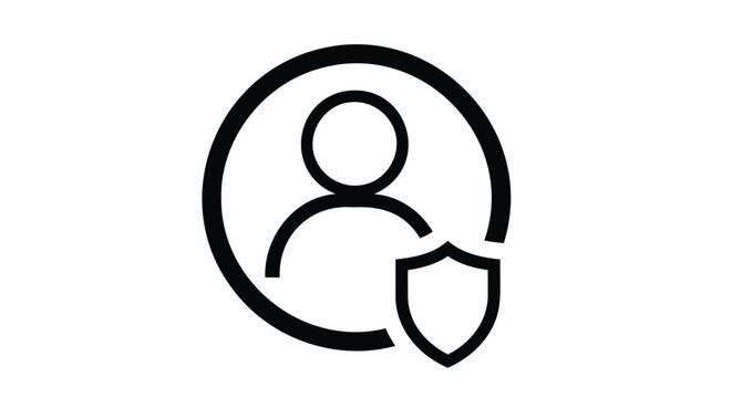 Simple black icon representing user protection and security with shield symbol inside a circle