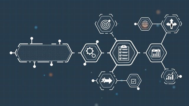 Business process management flowchart with target goal setting and checklist on dark blue background with grid