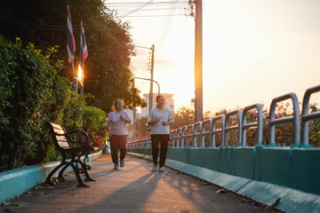 Two older Asian women jogging together in park during sunset. Active seniors, cardio workout, healthy lifestyle and outdoor exercise concept.