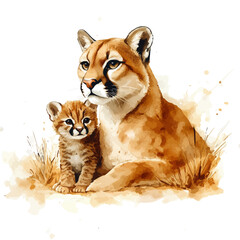Obraz premium watercolor vector of A Mother Cougar With Her Kid, isolated on a white background.