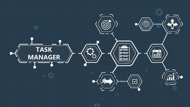 Task Manager Workflow Process Flowchart with and Symbols on Dark Blue Background