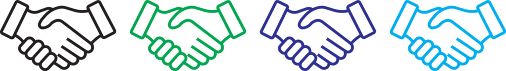 handshake icon. Handshake simple icon set. Business agreement handshake line and flat icon. Handshake icon in heart shape. Shaking hand representing partnership, trust, friendship, teamwork and more