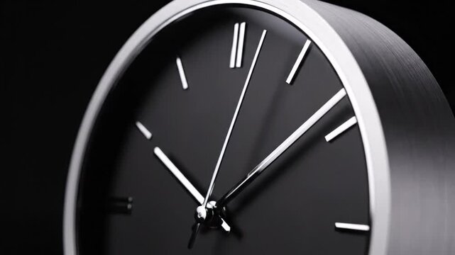 Close-up of a clock face with silver trim and white hands showing late hour on black background for time concept