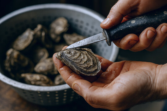 Closeup of Caucasian adult hands shucking fresh oyster with knife over metal colander in kitchen