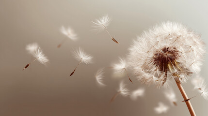 Obraz premium Dandelion seed head with flying white seeds on beige background