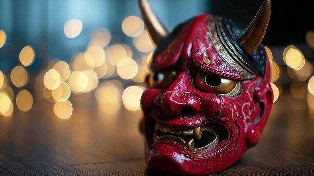 Red Japanese oni mask, which is used during Setsubun, against festive bokeh background with dark shadows. The concept of Asian culture and traditions