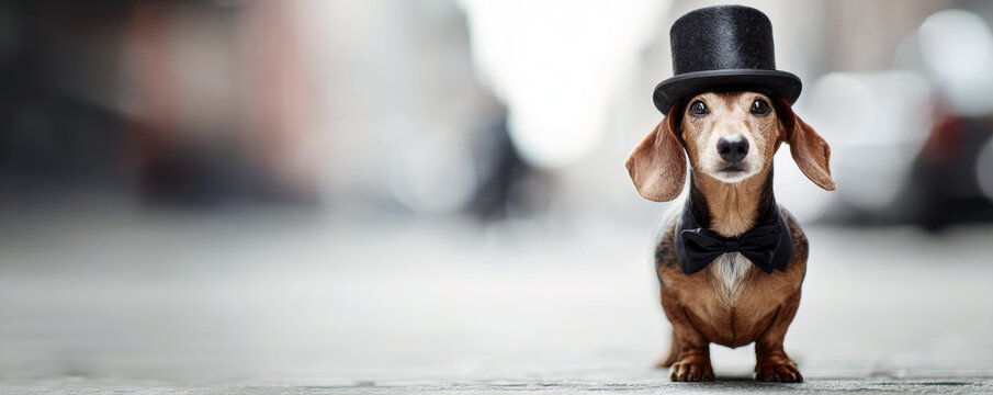 Dachshund dog wearing formal black top hat and bow tie, standing stylishly on city street pavement