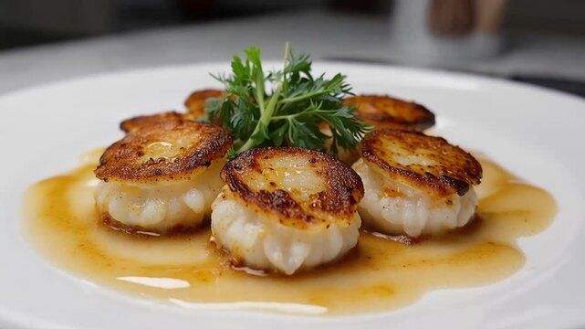 Pan-seared scallops with brown sauce and parsley on white plate in kitchen