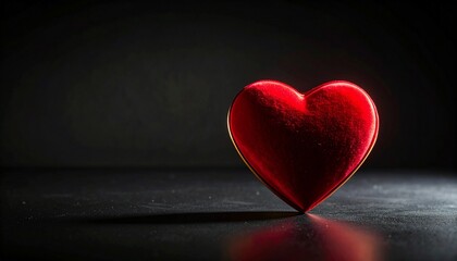 Fototapeta premium A red heart object stands alone on a dark reflective surface illuminated by a focused light source