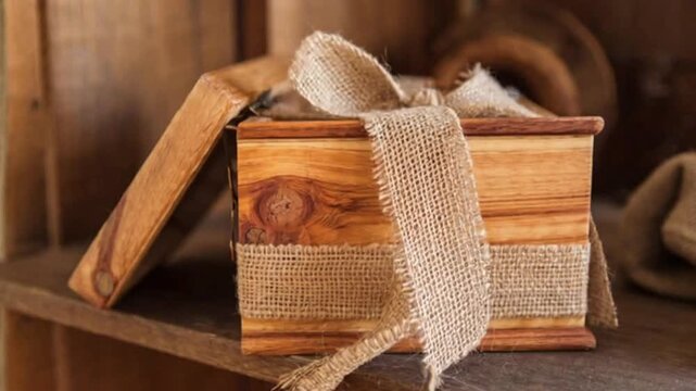 Wooden gift box with lid open on wooden shelf with burlap ribbon