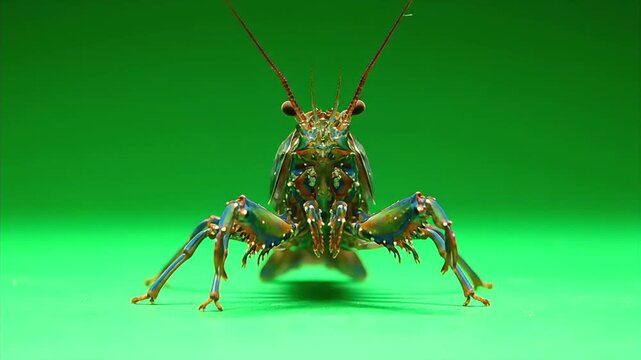 Intense Frontal Macro View of a Boxer Praying Mantis on Green Screen.