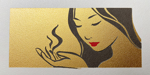 Fototapeta premium Elegant Asian woman with closed eyes holding steaming aroma, serene meditation, luxury spa concept, golden background