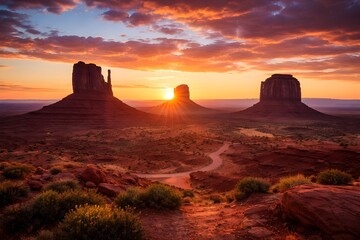 Name:
Monument Valley Sunrise

Long Title:
&ldquo;A Majestic Sunrise Over Monument Valley, Where Golden Light Breaks Through Towering Red Sandstone Buttes and Illuminates the Vast Desert Landscape of the Am