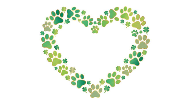 Heart shape frame composed of green paw prints and clovers, celebrating pet love and luck