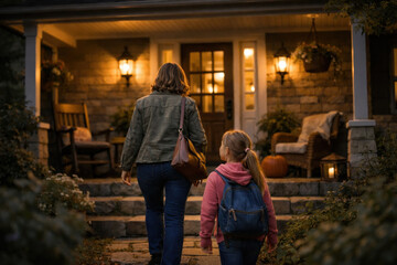 Fototapeta premium Mother and young daughter walking hand in hand toward a warmly lit rustic cabin at dusk with backpacks garden plants porch lights and a welcoming atmosphere of family homecoming together