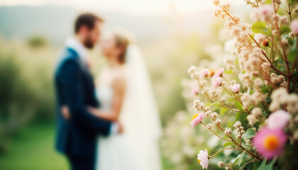 bride and groom walking in the park