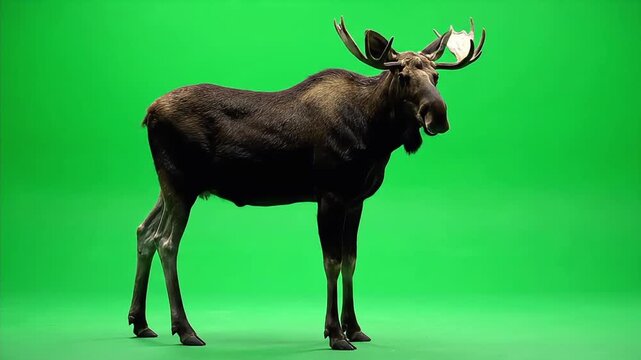 Large Bull Moose with Impressive Antlers Standing on Green Screen.