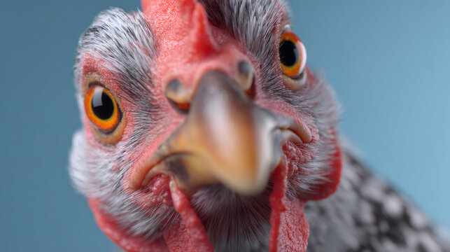 Portrait of a funny chicken fish-eye lens effect.