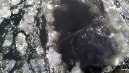 Ice floes and ice debris floating on the Danube River