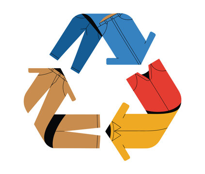 Clothing items arranged in a circular recycle symbol represent sustainable fashion practices.