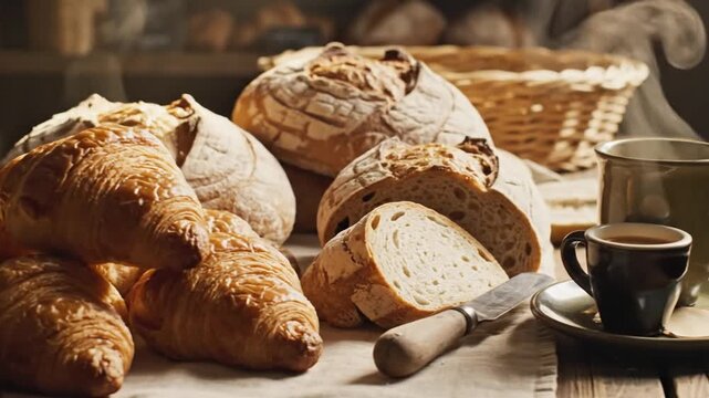Freshly baked croissants and bread on a kitchen table with jam and a basket in the background
